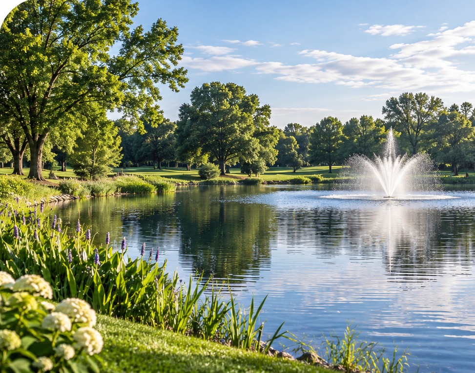 Illustrative lake scene with a fountain and flowering shoreline